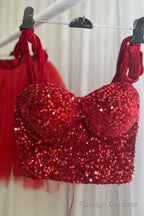 Red Two-Piece Sequins Top Bow Tie Straps A Line Homecoming Dress