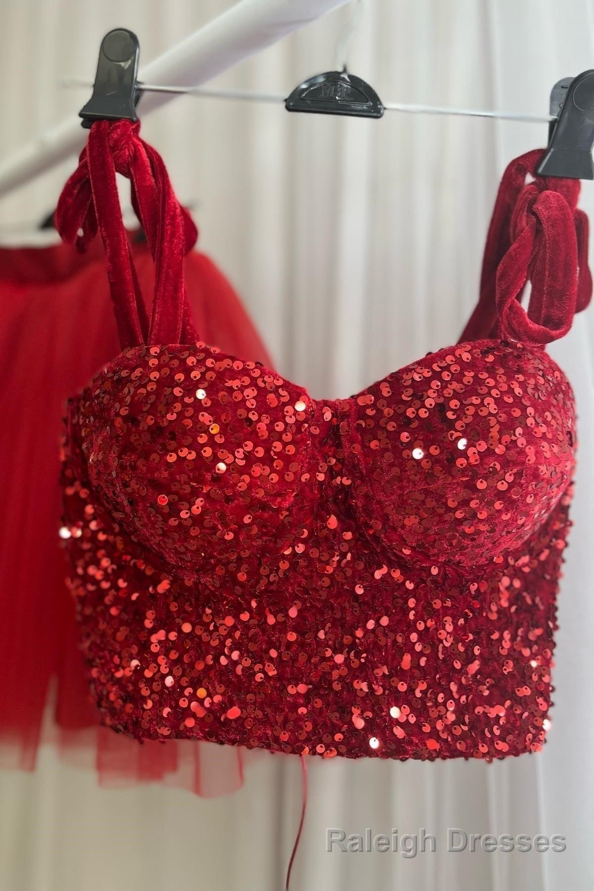 Red Two-Piece Sequins Top Bow Tie Straps A Line Homecoming Dress