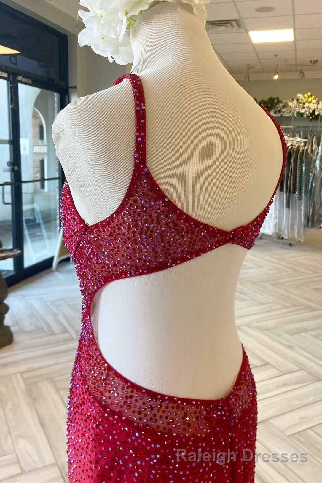 Red Beaded Plunge V Mermaid Long Formal Dress