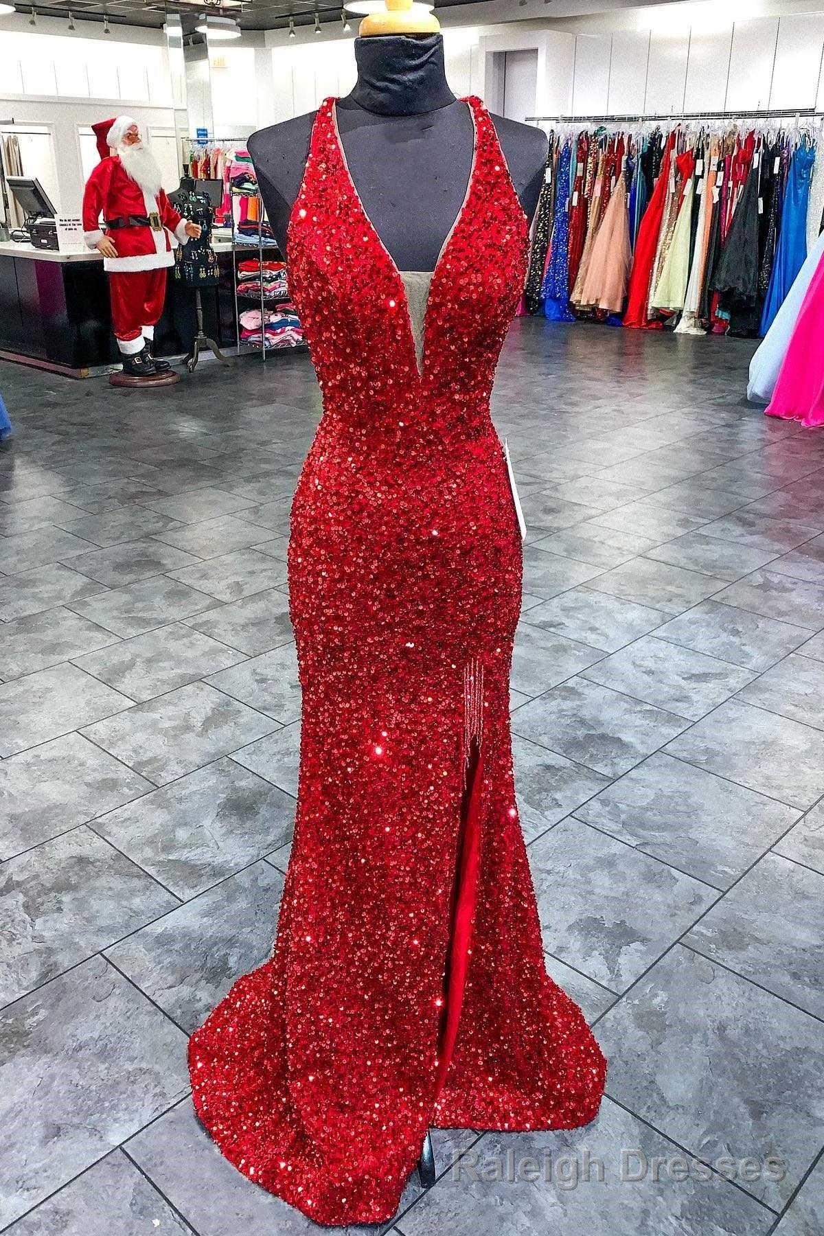 Red Sequin Plunge V Backless Mermaid Long Prom Dress with Slit Secondary image