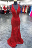 Red Sequin Plunge V Backless Mermaid Long Prom Dress with Slit