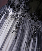 Black V Neck Tulle Lace Applique Long Prom Dress, Black Prom Dress, 1