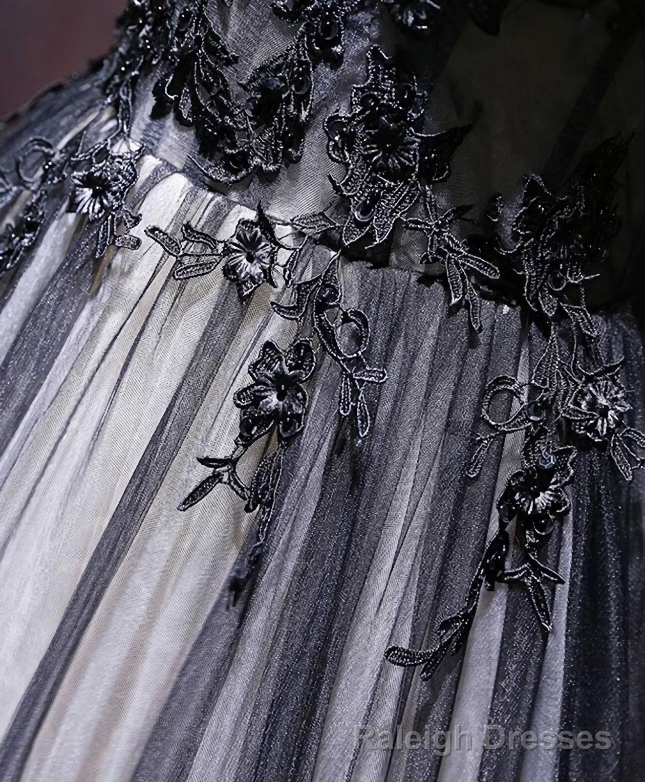 Black V Neck Tulle Lace Applique Long Prom Dress, Black Prom Dress, 1