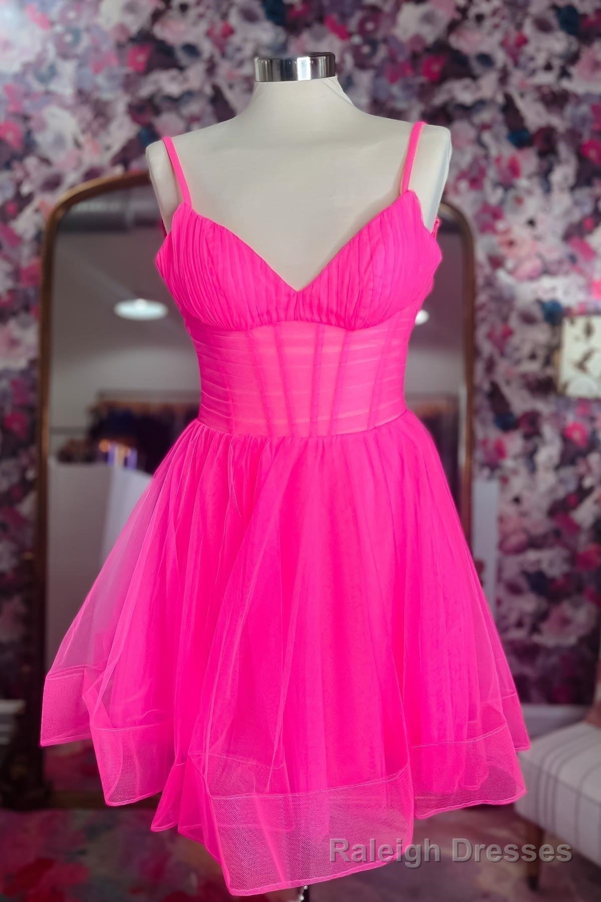 Hot Pink Deep V Neck Straps A-line Tulle Homecoming Dress Main image