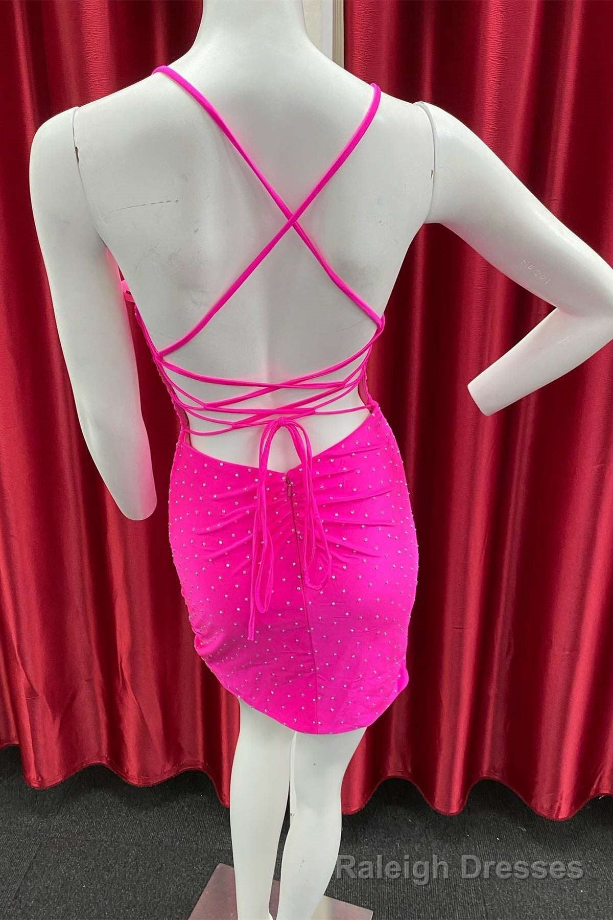 Neon Pink Beaded Scoop Neck Bodycon Cocktail Dress Secondary image