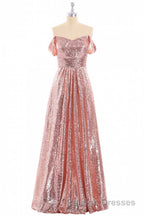 Rose Gold Sequin Off-the-Shoulder A-Line Long Bridesmaid Dress