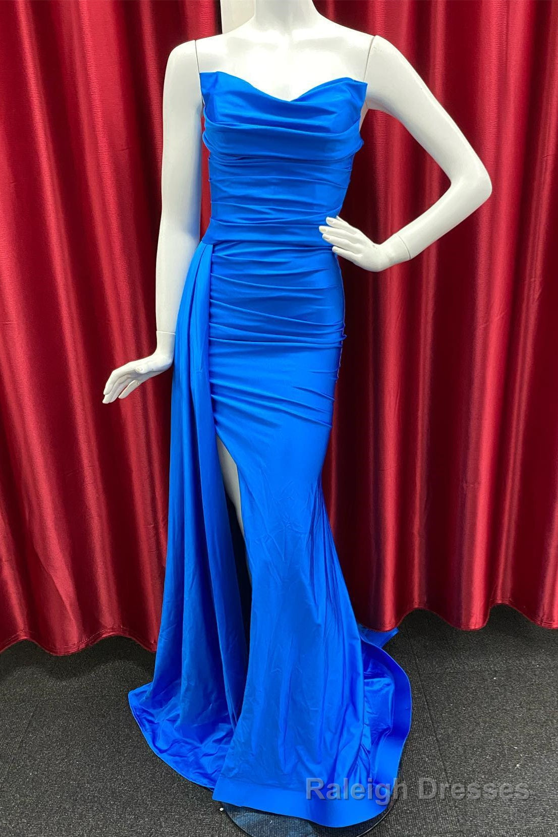 Royal Blue Cowl Strapless Mermaid Satin Long Prom Dress with Slit Main image