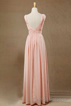 Elegant Plush Pink V Neck Open Back A Line Long Bridesmaid Dresses
