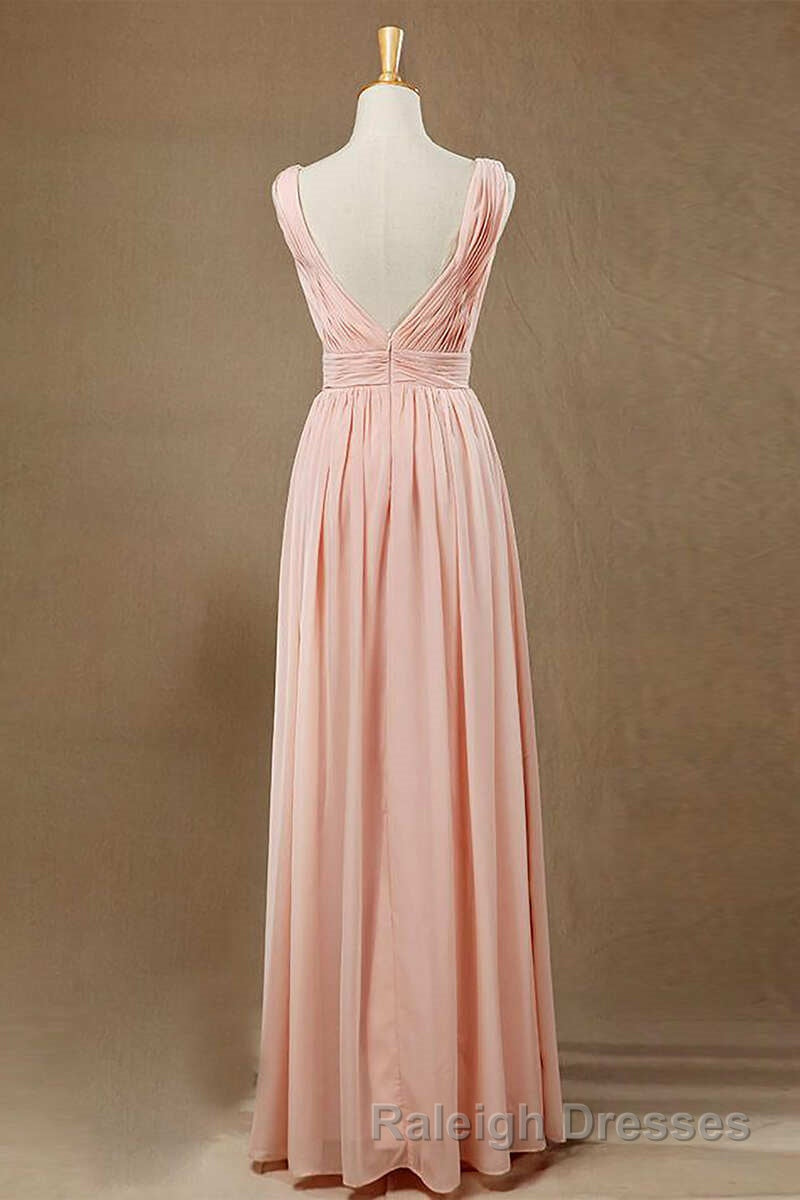 Elegant Plush Pink V Neck Open Back A Line Long Bridesmaid Dresses