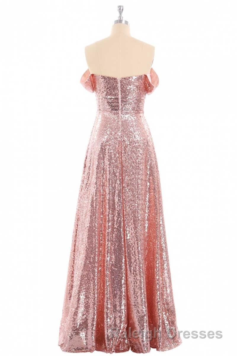Rose Gold Sequin Off-the-Shoulder A Line Long Bridesmaid Dresses Secondary image