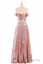 Rose Gold Sequin Off-the-Shoulder A Line Long Bridesmaid Dresses
