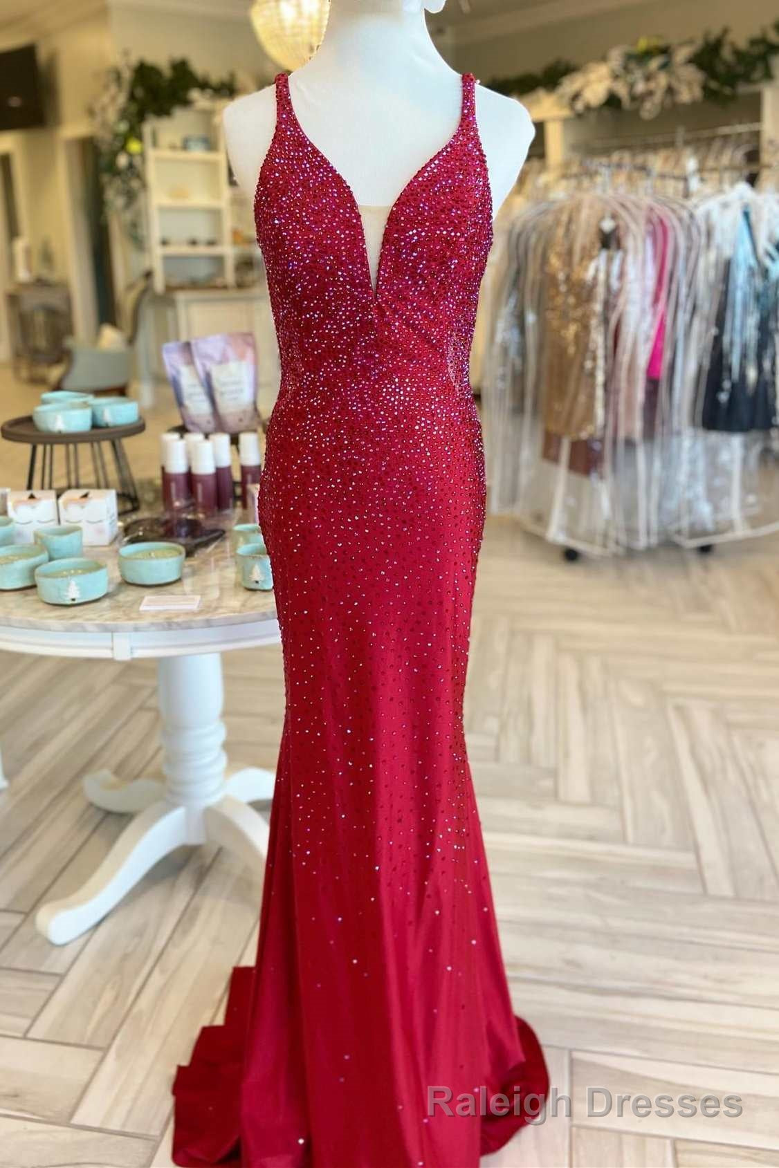 Red Beaded Plunge V Mermaid Long Formal Dress