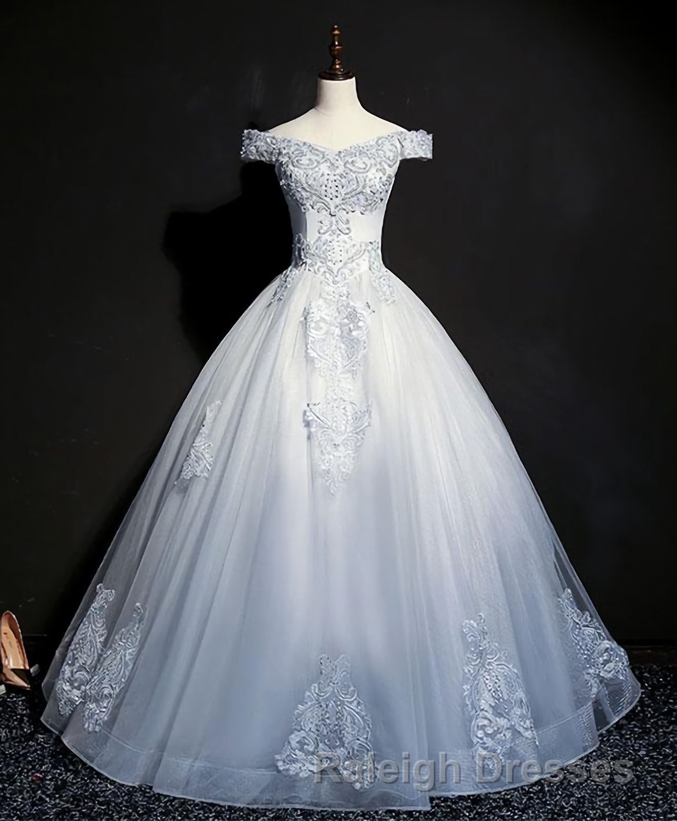 Blue Tulle Lace Off Shoulder Long Prom Dresses Blue Tulle Lace Prom Dresses