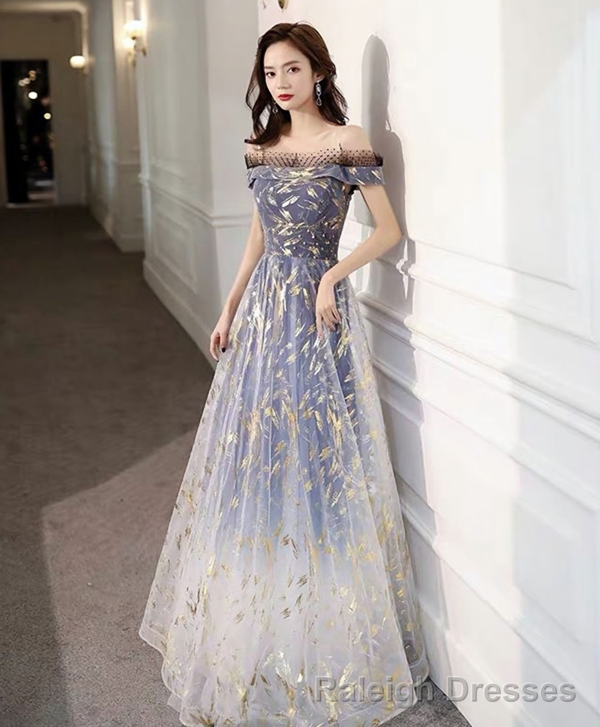 Blue Tulle Off Shoulder Lace Long Prom Dress Tulle Formal Dress