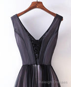 Black V Neck Lace Applique Tulle Long Prom Dress, Black Prom Dress