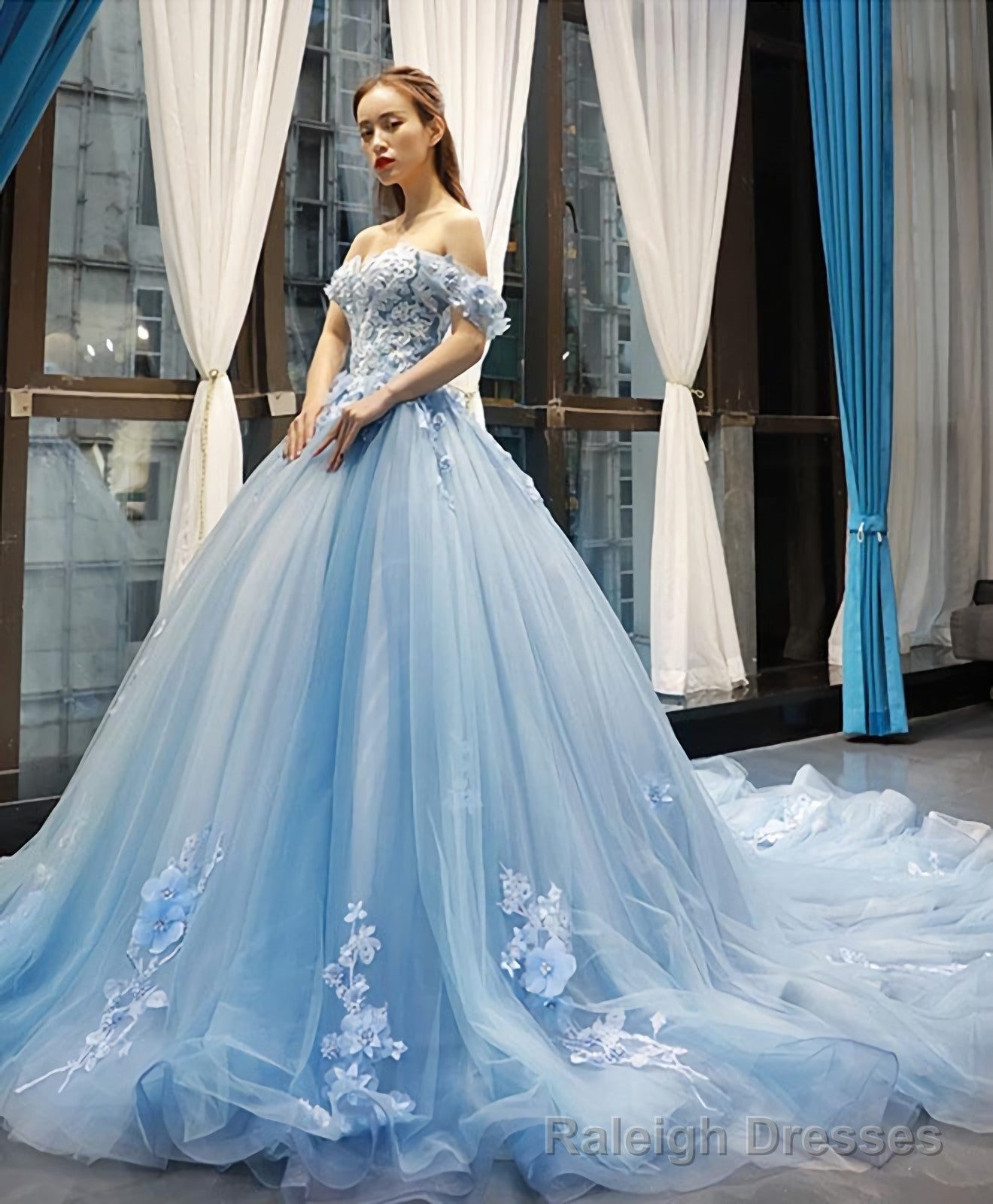 Blue Off Shoulder Tulle Lace Long Prom Gown Blue Evening Dress