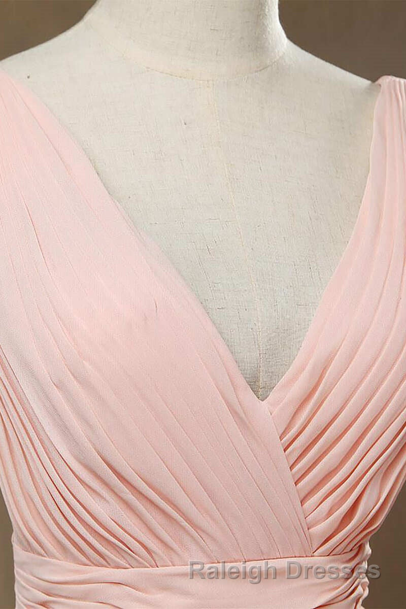 Elegant Plush Pink V Neck Open Back A Line Long Bridesmaid Dresses