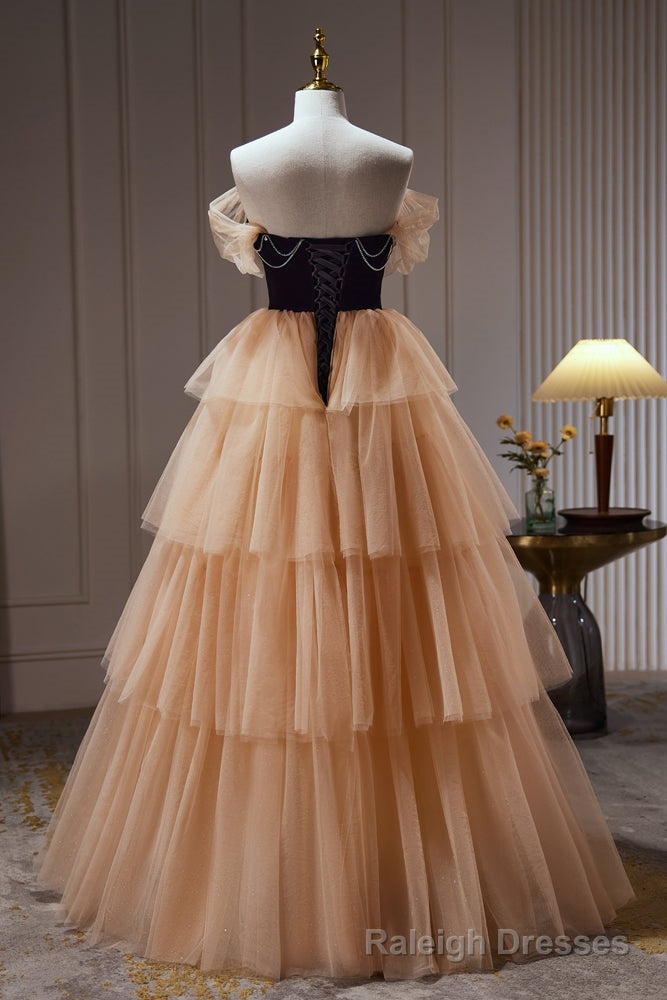 Champagne Off The Shoulder Evening Gown A Line Tulle Long Prom Dresses Main image