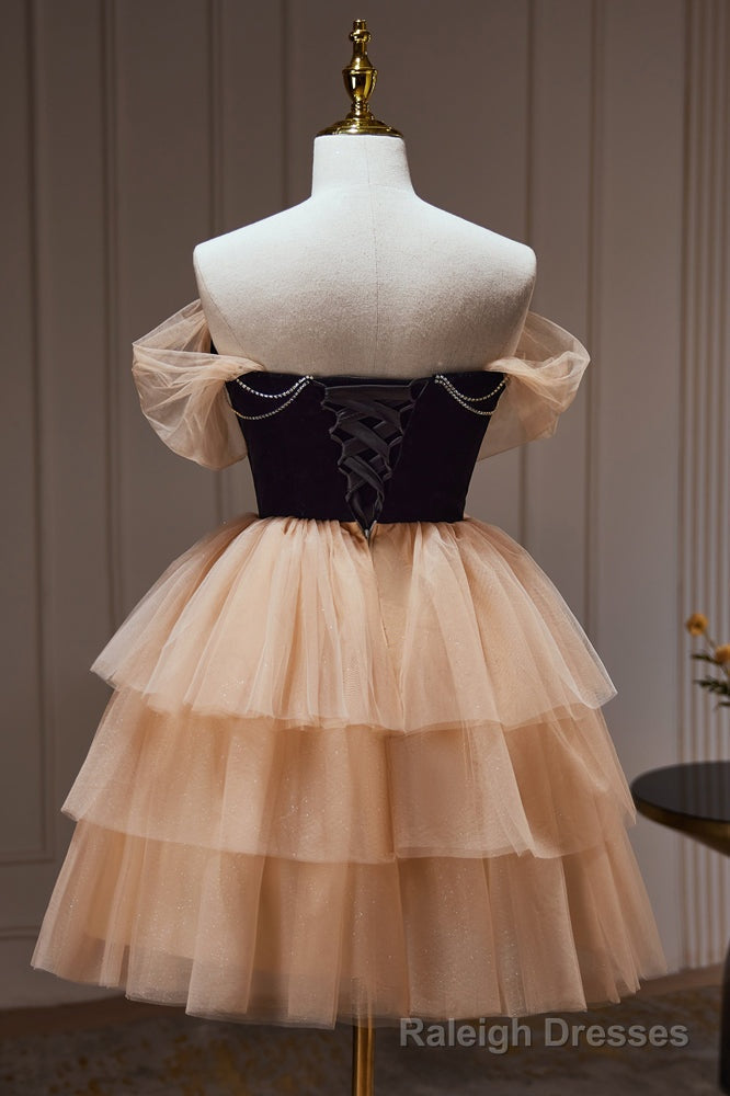 Chic Champagne Off The Shoulder Beading Tulle Short Homecoming Dresses