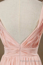 Elegant Plush Pink V Neck Open Back A Line Long Bridesmaid Dresses