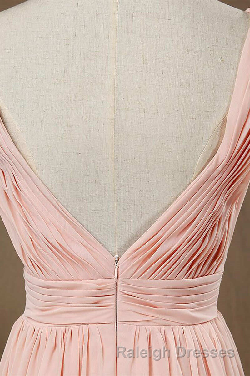 Elegant Plush Pink V Neck Open Back A Line Long Bridesmaid Dresses