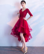 Burgundy V Neck Tulle Lace Short Prom Dress Bridesmaid Dress