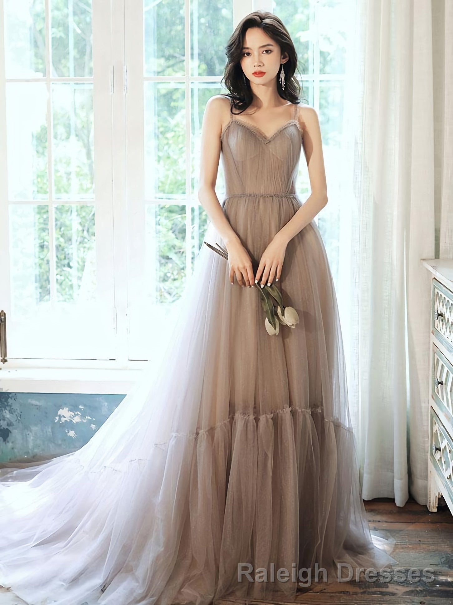 Simple Gray V Neck Tulle Long Prom Dress Gray Formal Dress Main image