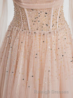 Champagne Pink Tulle Beads Long Prom Dress, Champagne Evening Dress