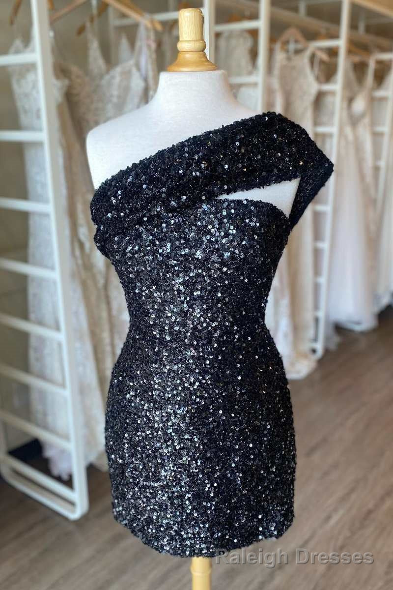 Black Sequin One-Shoulder Mini Party Dress Main image