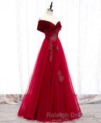 Burgundy Tulle Off Shoulder Long Prom Dress, Burgundy Formal Dress