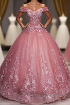 Pink Tulle Lace Off Shoulder Long Prom Dresses Pink Tulle Prom Dresses 1
