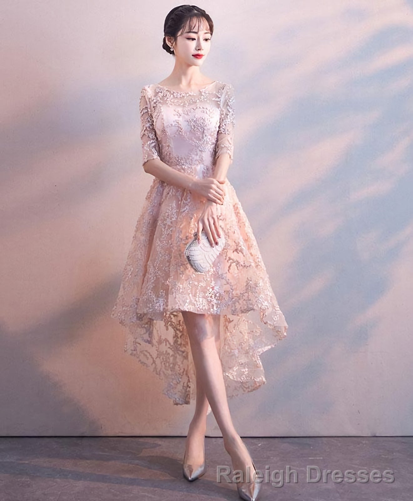 Pink Round Neck Lace Short Prom Dress Pink Homecoming Dress 1 Main image