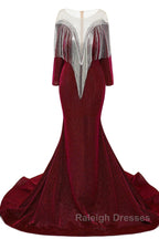 Deep V Neck Shiny Royal Blue Long sleeves Mermaid Prom Dresses
