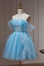 Blue Off The Shoulder Beading Appliques Tulle Short Homecoming Dresses