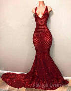 Red Sequins Shiny V Neck Mermaid Long Prom Dress
