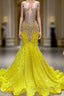 Yellow V-Neck Sleeveless Mermaid Prom Dresses Featuring Beadings and Sequins
