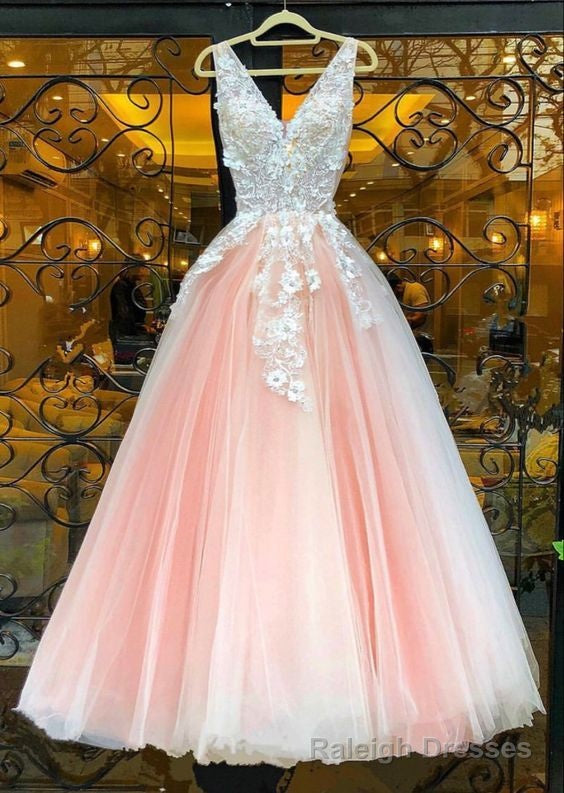 beautiful blush pink prom dreses lace embroidery v neck tulle floor length ball gown Main image