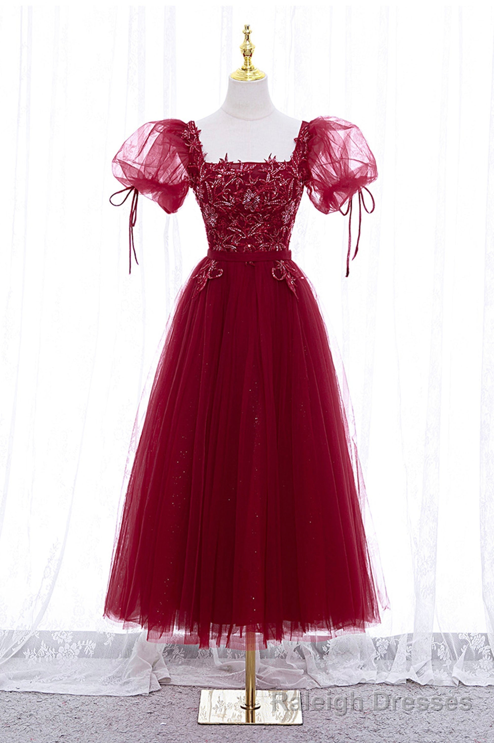Burgundy Short Sleeve Tulle Tea Length Prom Dress, A-Line Party Dress Main image