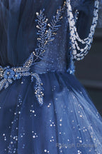 Blue Tulle Beaded Long Senior Prom Dress, A-Line Blue Formal Dress
