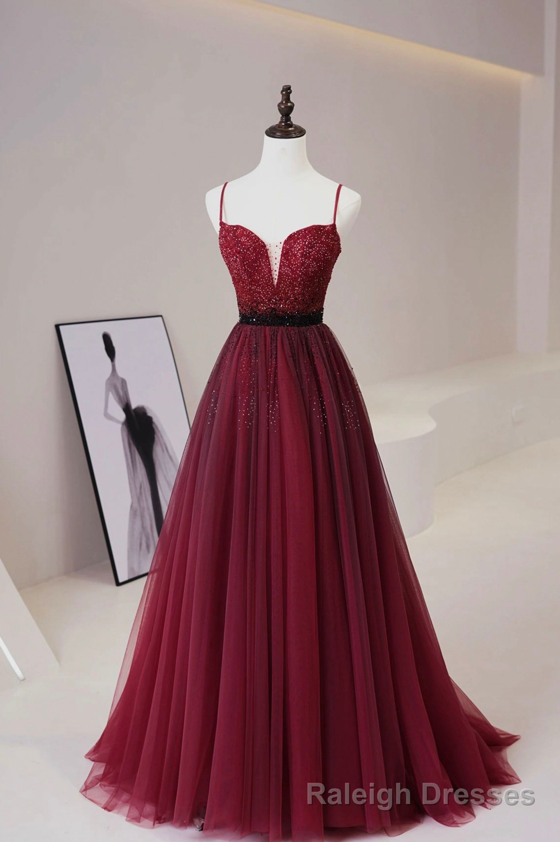 Burgundy Tulle Beaded Long Prom Dress, A-Line Spaghetti Strap Evening Dress Main image