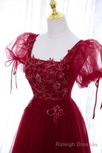 Burgundy Short Sleeve Tulle Tea Length Prom Dress, A Line Prom Dress
