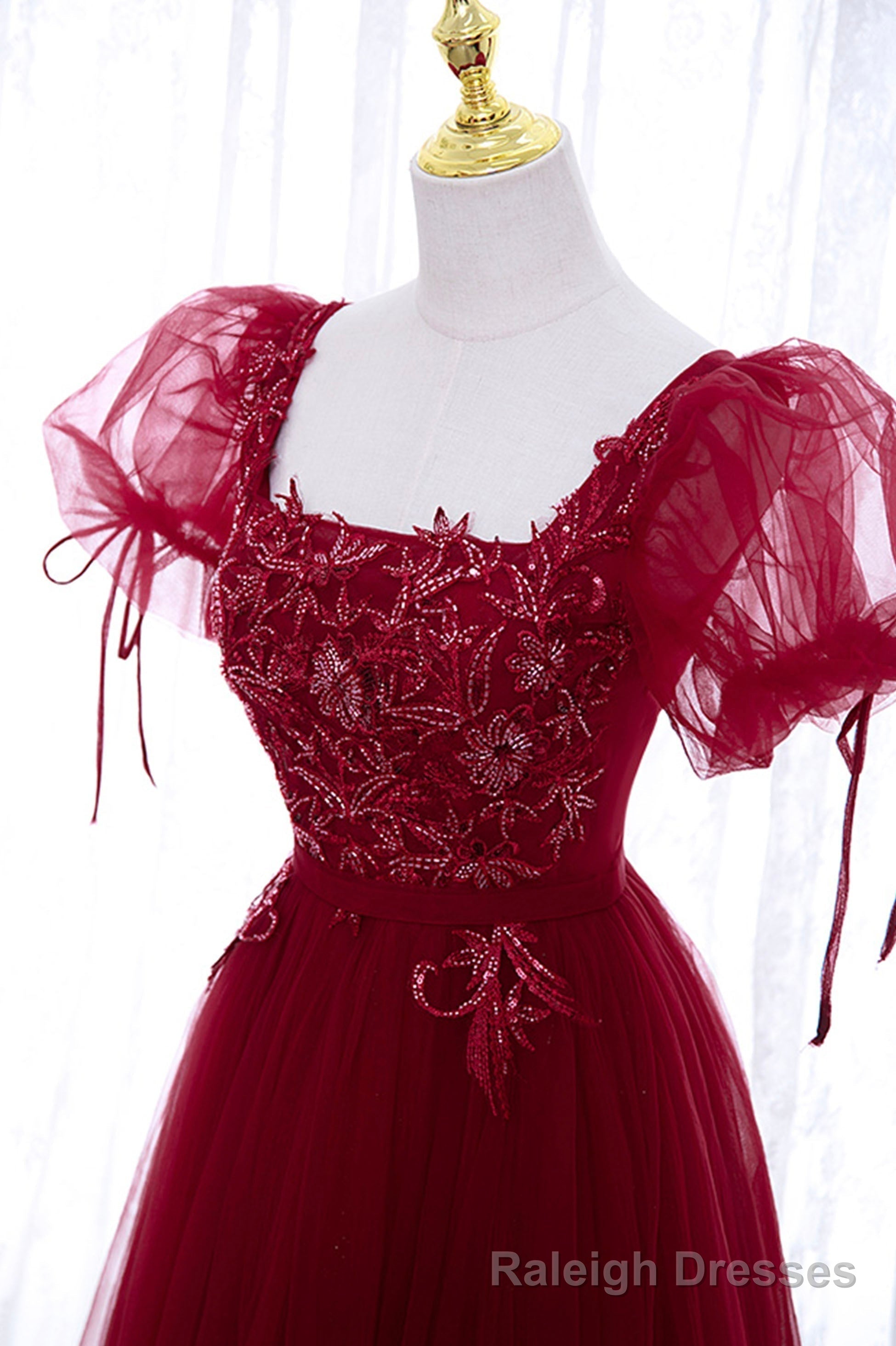Burgundy Short Sleeve Tulle Tea Length Prom Dress, A Line Prom Dress