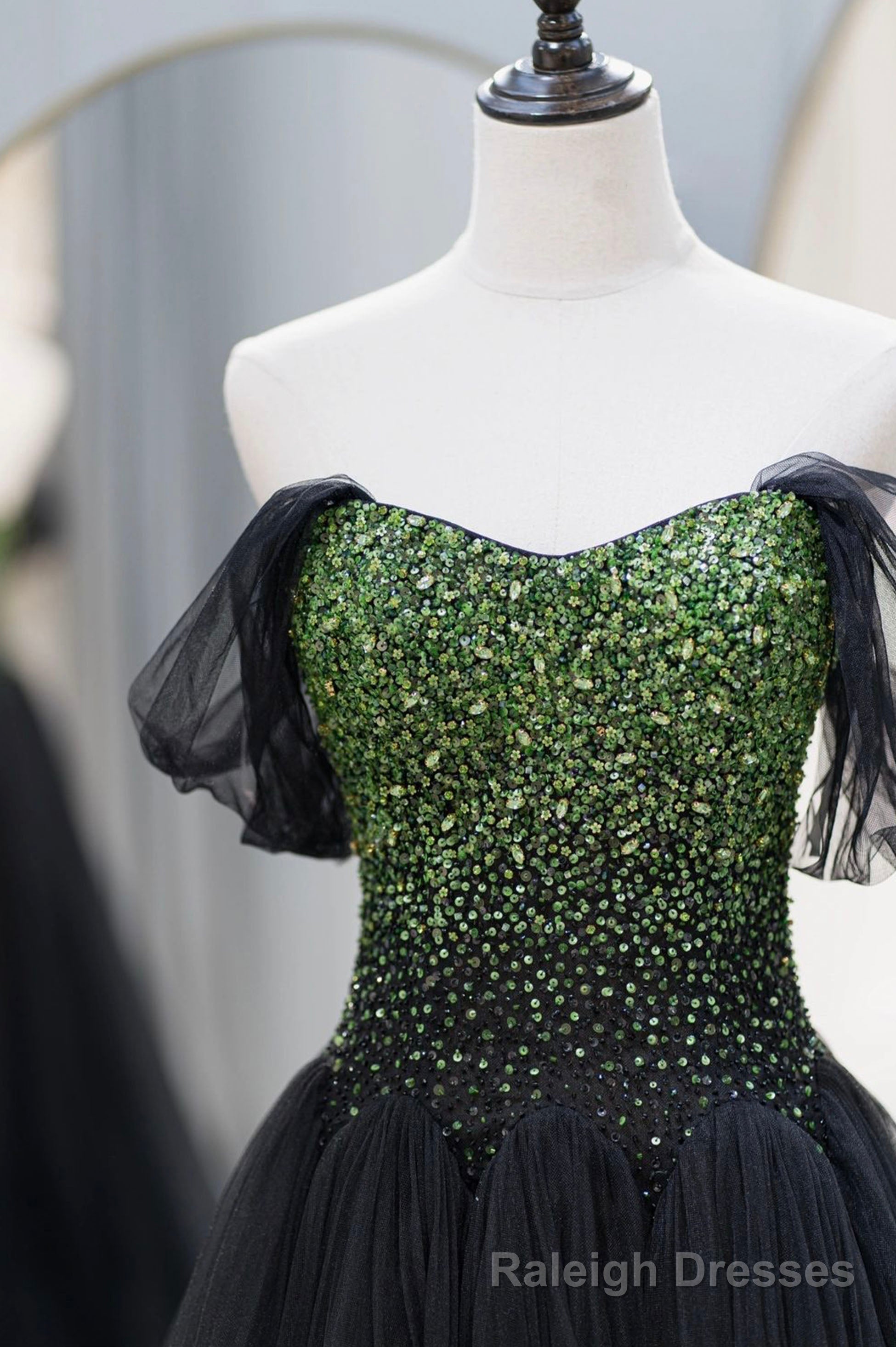 Black Tulle Long A-Line Prom Dress, Black Evening Dress with Green Beaded Secondary image
