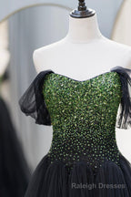 Black Tulle Long A-Line Prom Dress, Black Evening Dress with Green Beaded