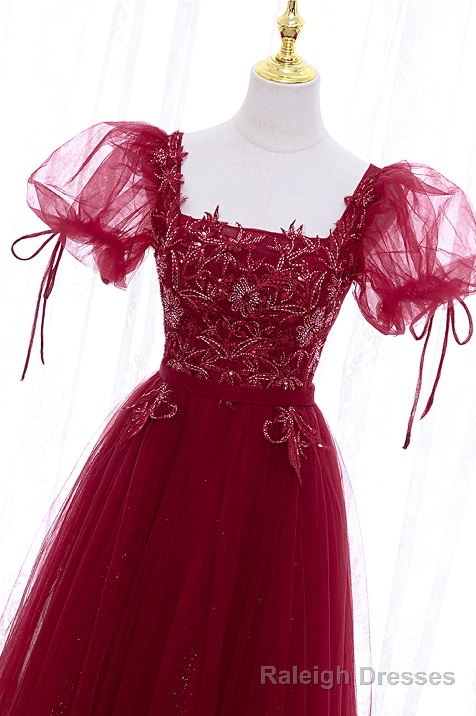 Burgundy Short Sleeve Tulle Tea Length Prom Dress, A Line Prom Dress