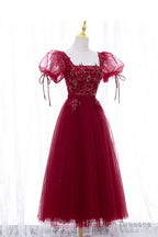 Burgundy Short Sleeve Tulle Tea Length Prom Dress, A Line Prom Dress