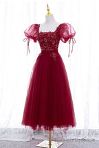 Burgundy Short Sleeve Tulle Tea Length Prom Dress, A Line Prom Dress