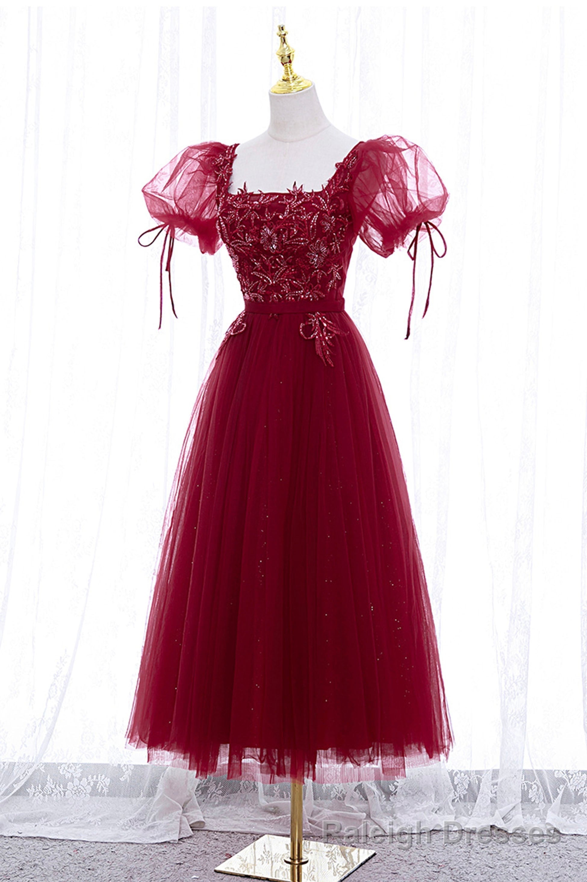 Burgundy Short Sleeve Tulle Tea Length Prom Dress, A Line Prom Dress