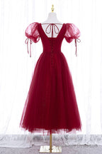 Burgundy Short Sleeve Tulle Tea Length Prom Dress, A-Line Party Dress