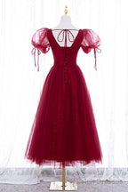 Burgundy Short Sleeve Tulle Tea Length Prom Dress, A Line Prom Dress